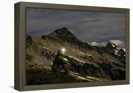 Woman Sits On The Side Of A Mountain Looking Up At The Stars In The North Cascades, Wa-Hannah Dewey-Framed Premier Image Canvas