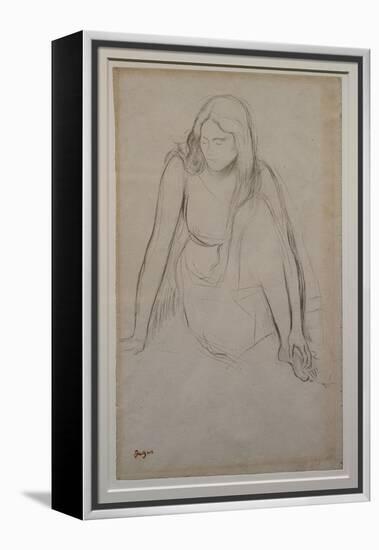 Woman sitting at the water's edge. Around 1867-1868. Black pencil on velin paper.-Edgar Degas-Framed Premier Image Canvas