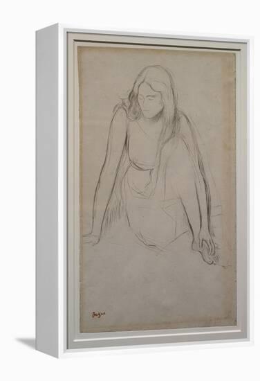 Woman sitting at the water's edge. Around 1867-1868. Black pencil on velin paper.-Edgar Degas-Framed Premier Image Canvas