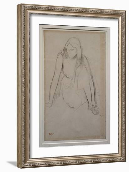 Woman sitting at the water's edge. Around 1867-1868. Black pencil on velin paper.-Edgar Degas-Framed Giclee Print