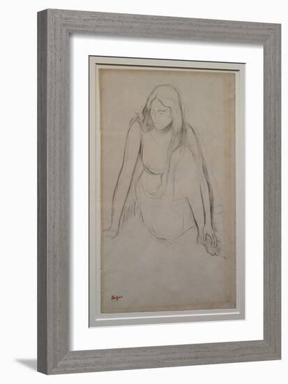 Woman sitting at the water's edge. Around 1867-1868. Black pencil on velin paper.-Edgar Degas-Framed Giclee Print