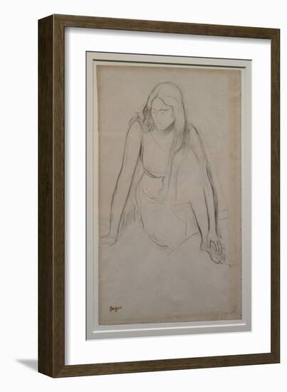 Woman sitting at the water's edge. Around 1867-1868. Black pencil on velin paper.-Edgar Degas-Framed Giclee Print