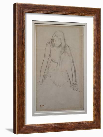 Woman sitting at the water's edge. Around 1867-1868. Black pencil on velin paper.-Edgar Degas-Framed Giclee Print