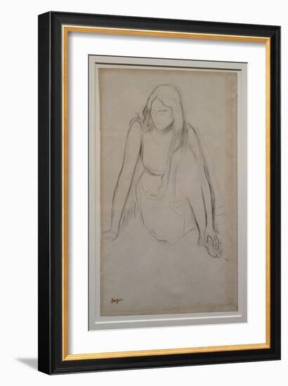 Woman sitting at the water's edge. Around 1867-1868. Black pencil on velin paper.-Edgar Degas-Framed Giclee Print