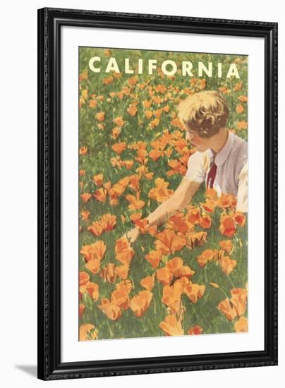 Woman Sitting in Poppies, California-null-Framed Art Print