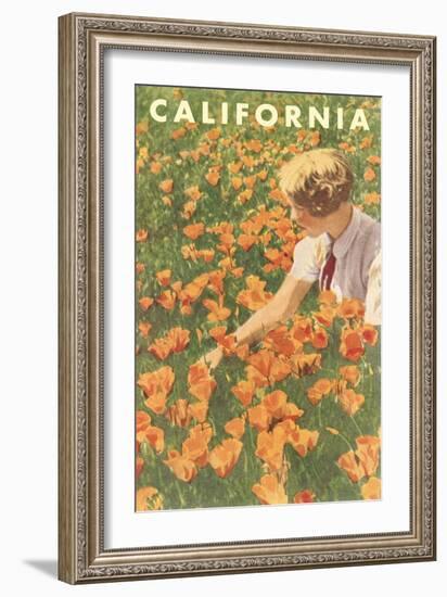 Woman Sitting in Poppies, California-null-Framed Art Print