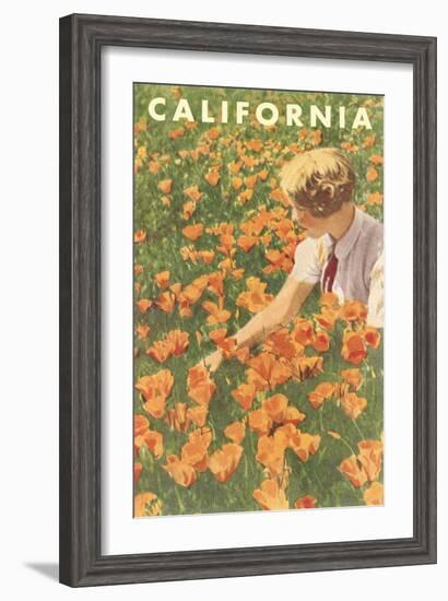 Woman Sitting in Poppies, California-null-Framed Art Print