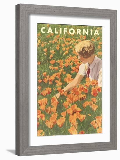 Woman Sitting in Poppies, California-null-Framed Art Print