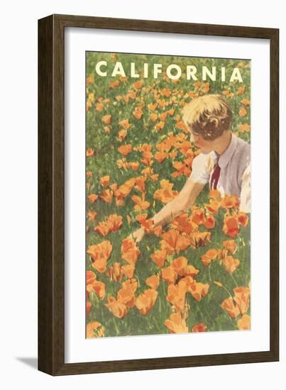 Woman Sitting in Poppies, California-null-Framed Art Print