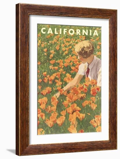 Woman Sitting in Poppies, California-null-Framed Art Print