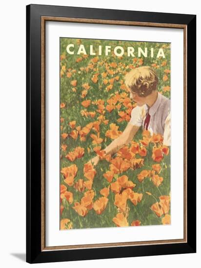 Woman Sitting in Poppies, California-null-Framed Art Print