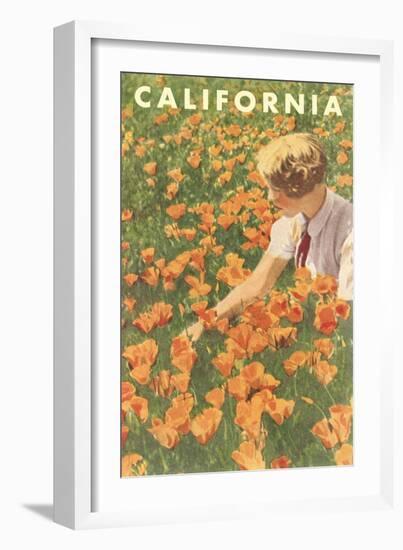 Woman Sitting in Poppies, California-null-Framed Art Print