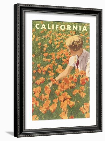 Woman Sitting in Poppies, California-null-Framed Art Print