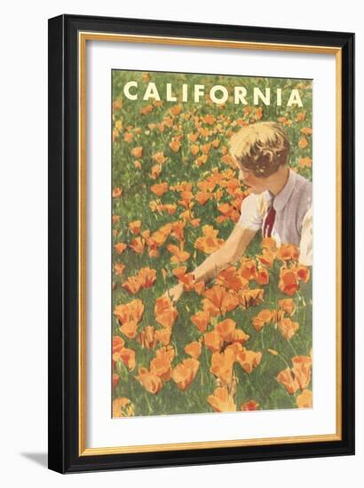 Woman Sitting in Poppies, California-null-Framed Art Print