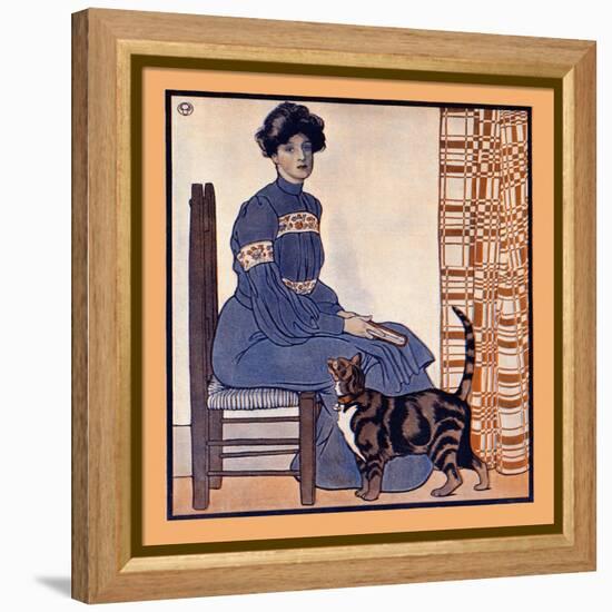 Woman Sitting On A Chair Holding A Book With A Cat Looking On-Edward Penfield-Framed Stretched Canvas