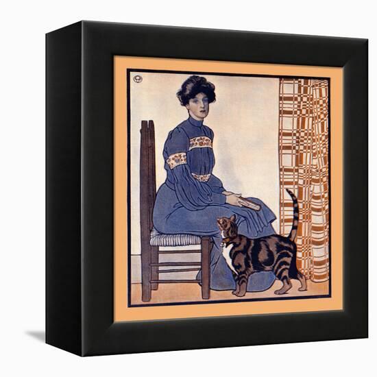 Woman Sitting On A Chair Holding A Book With A Cat Looking On-Edward Penfield-Framed Stretched Canvas