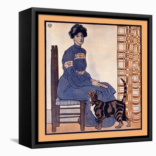 Woman Sitting On A Chair Holding A Book With A Cat Looking On-Edward Penfield-Framed Stretched Canvas