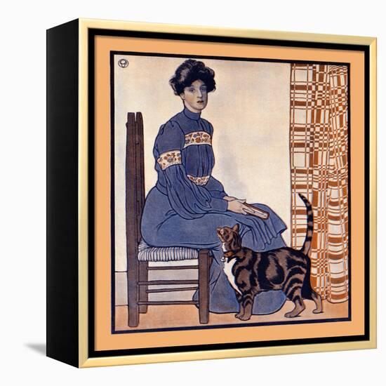 Woman Sitting On A Chair Holding A Book With A Cat Looking On-Edward Penfield-Framed Stretched Canvas