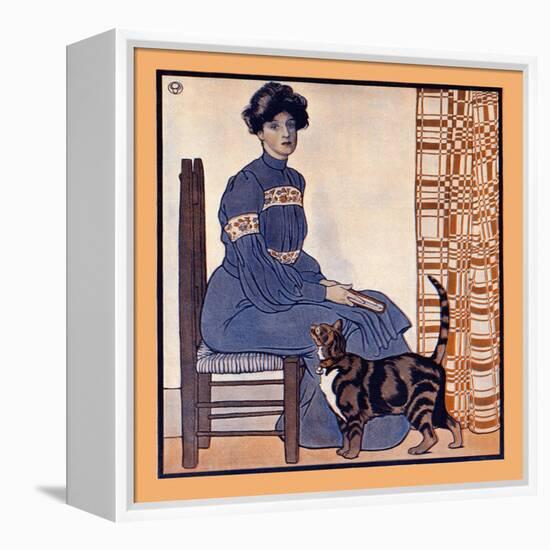 Woman Sitting On A Chair Holding A Book With A Cat Looking On-Edward Penfield-Framed Stretched Canvas