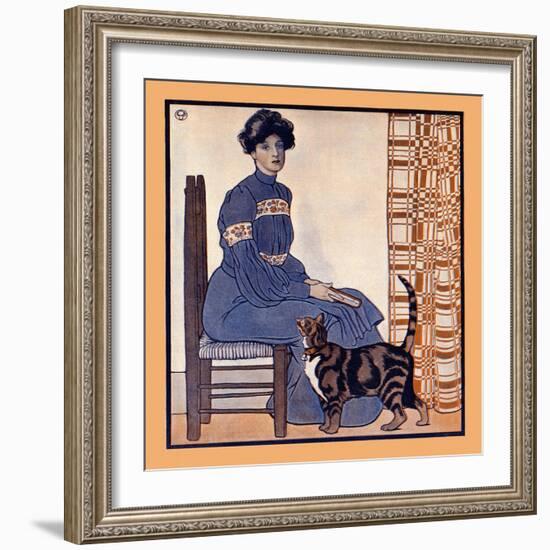 Woman Sitting On A Chair Holding A Book With A Cat Looking On-Edward Penfield-Framed Art Print