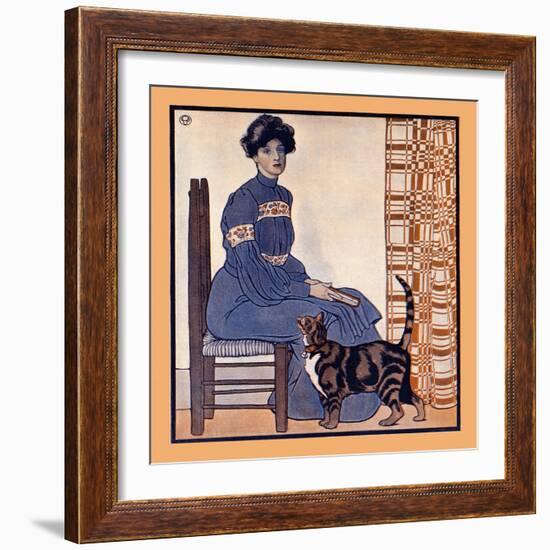 Woman Sitting On A Chair Holding A Book With A Cat Looking On-Edward Penfield-Framed Art Print