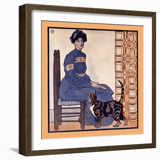 Woman Sitting On A Chair Holding A Book With A Cat Looking On-Edward Penfield-Framed Premium Giclee Print