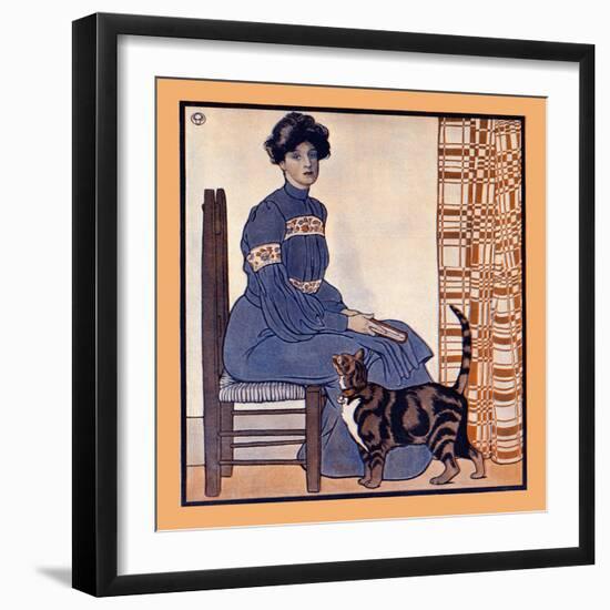 Woman Sitting On A Chair Holding A Book With A Cat Looking On-Edward Penfield-Framed Premium Giclee Print