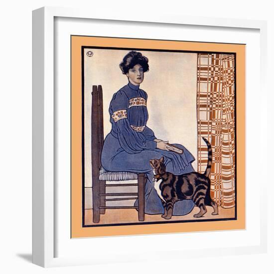 Woman Sitting On A Chair Holding A Book With A Cat Looking On-Edward Penfield-Framed Premium Giclee Print