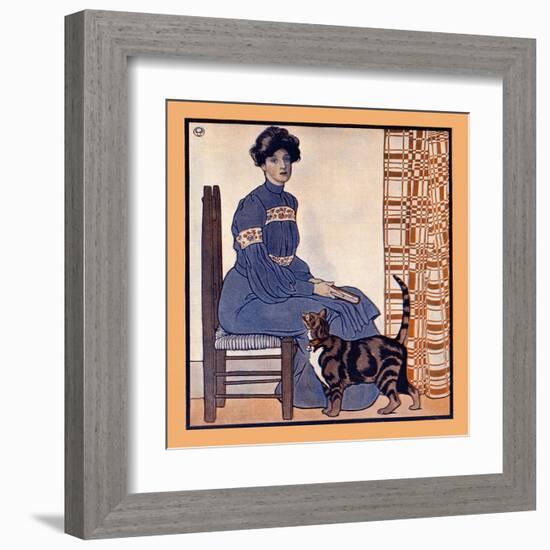 Woman Sitting On A Chair Holding A Book With A Cat Looking On-Edward Penfield-Framed Art Print