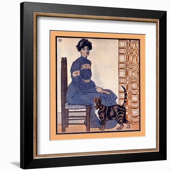 Woman Sitting On A Chair Holding A Book With A Cat Looking On-Edward Penfield-Framed Art Print