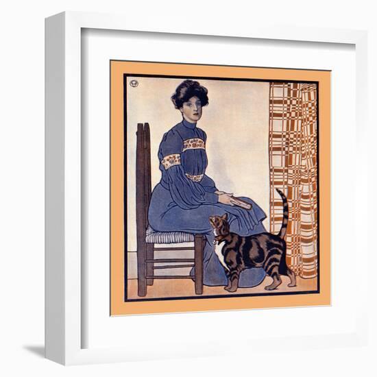 Woman Sitting On A Chair Holding A Book With A Cat Looking On-Edward Penfield-Framed Art Print