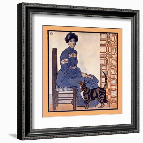 Woman Sitting On A Chair Holding A Book With A Cat Looking On-Edward Penfield-Framed Art Print