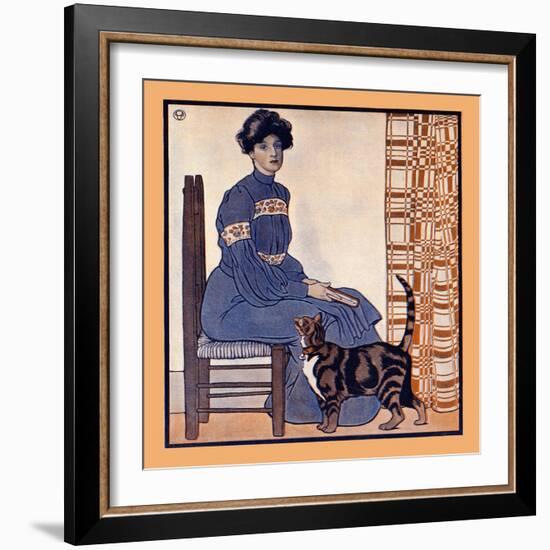 Woman Sitting on a Chair Holding a Book with a Cat Looking On-Edward Penfield-Framed Art Print