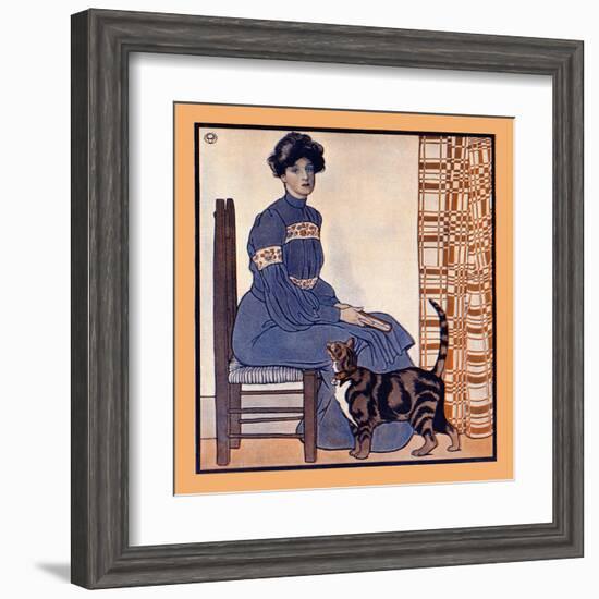 Woman Sitting on a Chair Holding a Book with a Cat Looking On-Edward Penfield-Framed Art Print