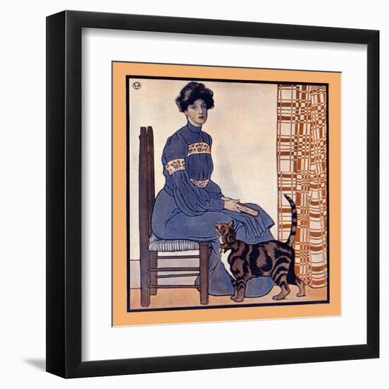 Woman Sitting on a Chair Holding a Book with a Cat Looking On-Edward Penfield-Framed Art Print