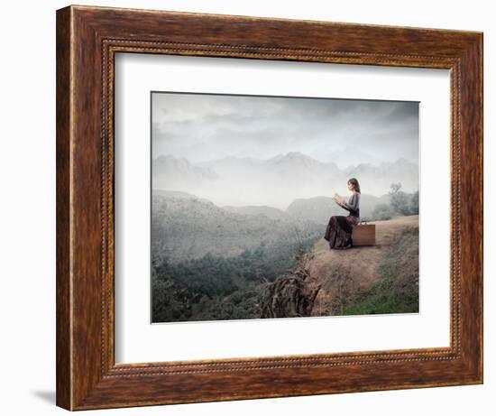 Woman Sitting On A Suitcase And Reading A Book With Landscape On The Background-olly2-Framed Premium Giclee Print