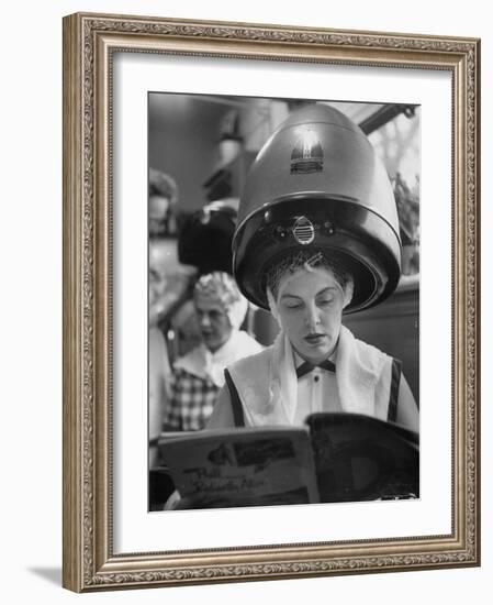 Woman Sitting under Hair Dryer Reading a Magazine-Gordon Parks-Framed Photographic Print