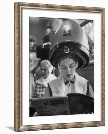 Woman Sitting under Hair Dryer Reading a Magazine-Gordon Parks-Framed Photographic Print