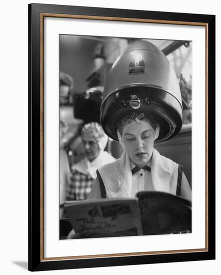 Woman Sitting under Hair Dryer Reading a Magazine-Gordon Parks-Framed Photographic Print