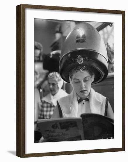 Woman Sitting under Hair Dryer Reading a Magazine-Gordon Parks-Framed Photographic Print