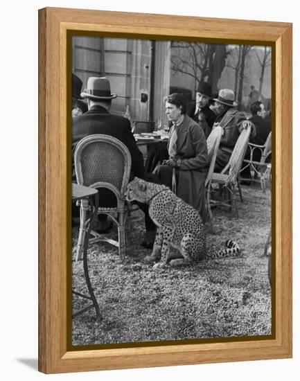 Woman Sitting with Her Pet Ocelot Having Tea at Bois de Boulogne Cafe-Alfred Eisenstaedt-Framed Premier Image Canvas