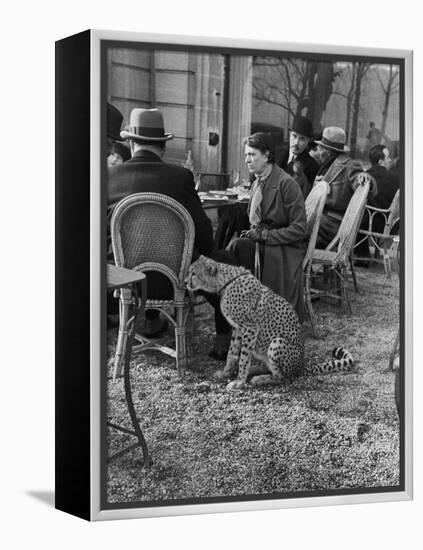 Woman Sitting with Her Pet Ocelot Having Tea at Bois de Boulogne Cafe-Alfred Eisenstaedt-Framed Premier Image Canvas