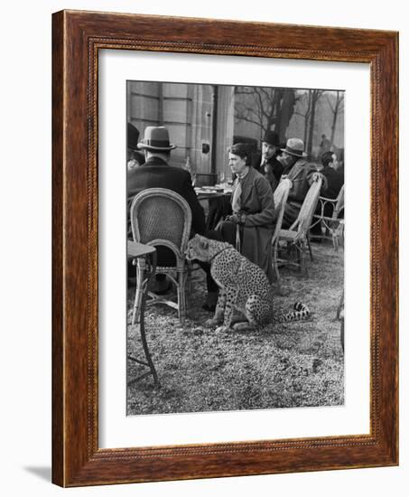 Woman Sitting with Her Pet Ocelot Having Tea at Bois de Boulogne Cafe-Alfred Eisenstaedt-Framed Photographic Print