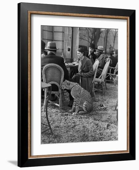 Woman Sitting with Her Pet Ocelot Having Tea at Bois de Boulogne Cafe-Alfred Eisenstaedt-Framed Photographic Print