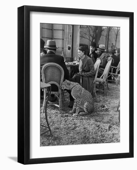 Woman Sitting with Her Pet Ocelot Having Tea at Bois de Boulogne Cafe-Alfred Eisenstaedt-Framed Photographic Print