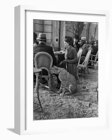 Woman Sitting with Her Pet Ocelot Having Tea at Bois de Boulogne Cafe-Alfred Eisenstaedt-Framed Photographic Print