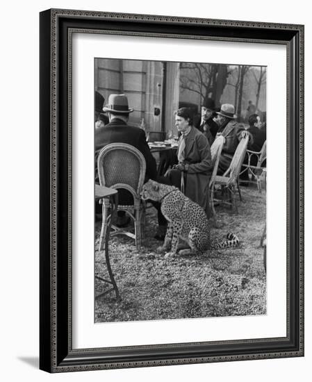 Woman Sitting with Her Pet Ocelot Having Tea at Bois de Boulogne Cafe-Alfred Eisenstaedt-Framed Photographic Print