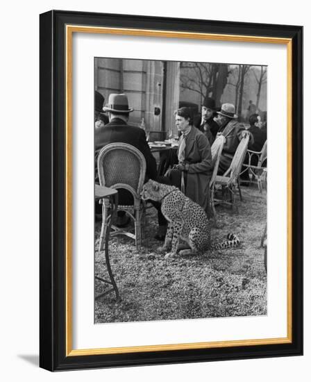 Woman Sitting with Her Pet Ocelot Having Tea at Bois de Boulogne Cafe-Alfred Eisenstaedt-Framed Photographic Print