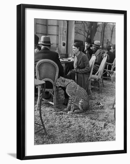 Woman Sitting with Her Pet Ocelot Having Tea at Bois de Boulogne Cafe-Alfred Eisenstaedt-Framed Photographic Print