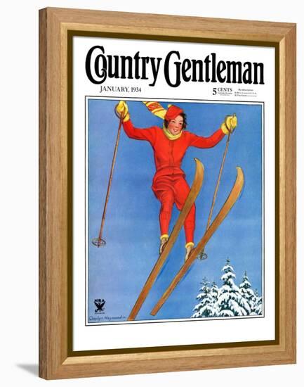 "Woman Ski Jumper," Country Gentleman Cover, January 1, 1934-Carolyn Haywood-Framed Premier Image Canvas